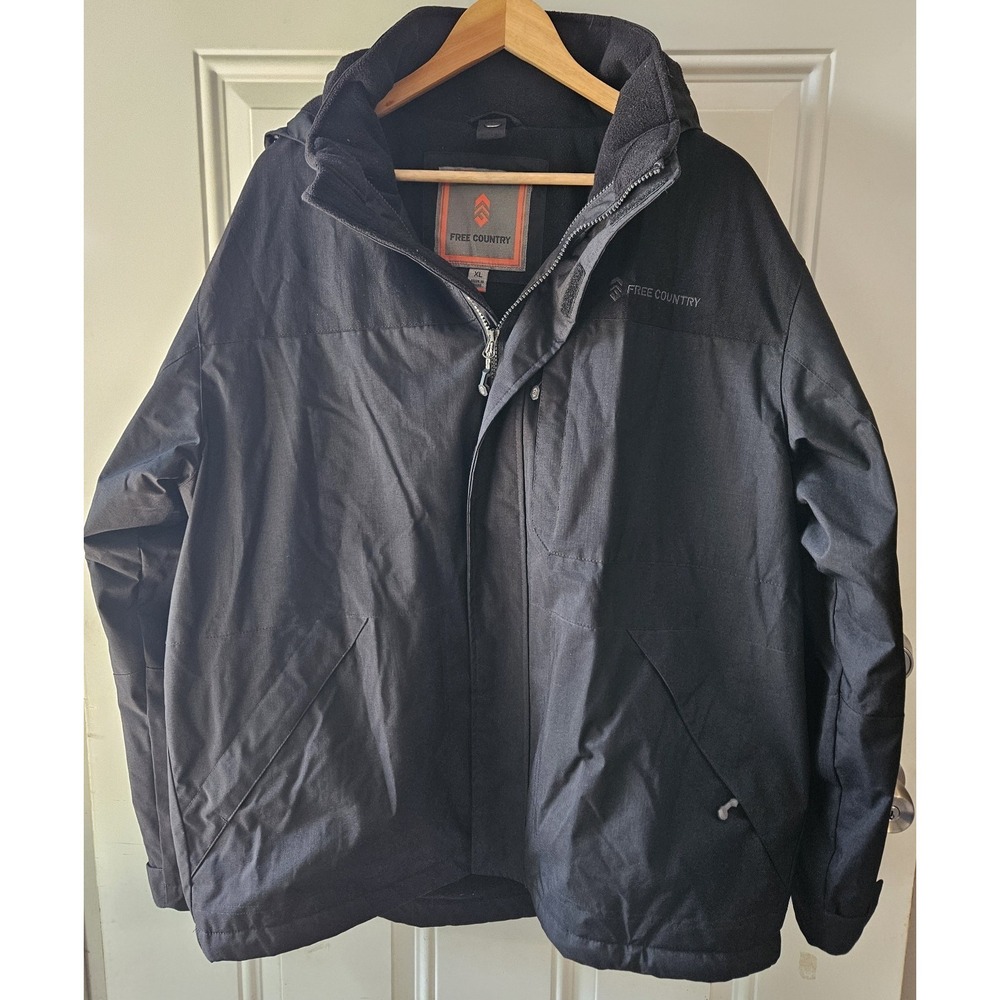 Free Country Mens XL Black Hooded Jacket Fleece Lined Full Zip Weatherproof Coat